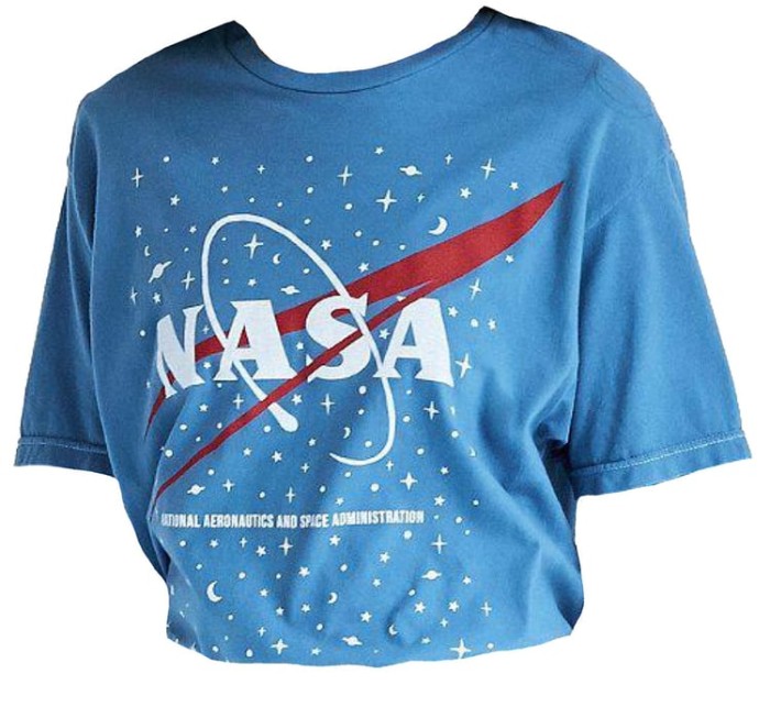 blue oversized and baggy t-shirt, featuring a nasa logo, in white and red, 80s and 90s aesthetic, on a white abckground
