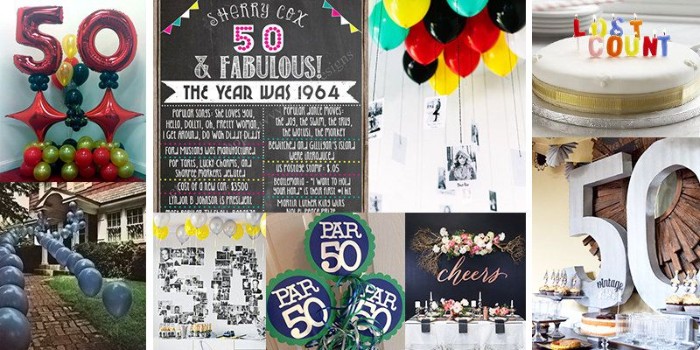 collage with nine images, showing ideas for organizing, and decorating a 50th birthday party, balloons and cake, wall decorations and old photos