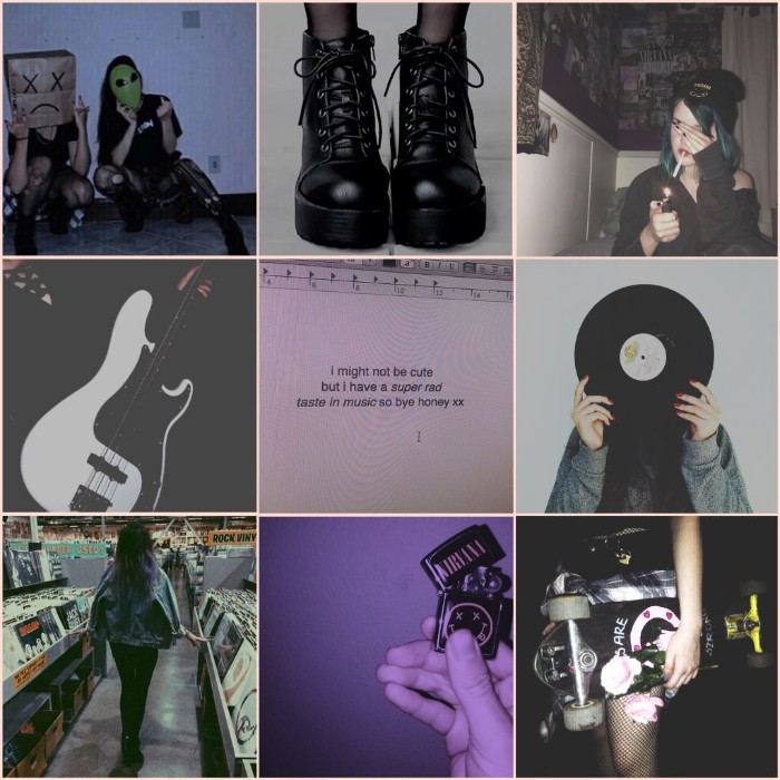 mood board with grunge images, two teenage girls wearing masks, black lace up combat boots, smoking girl with teal hair, and many others