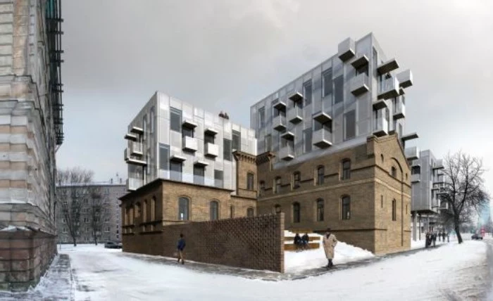 digital model for renovating a police station, in riga latvia, brutalist design, the lower part is made of bricks, while the upper part is consists of concrete and glass