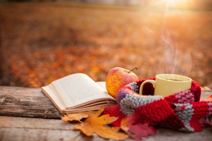 steaming pale cream mug, wrapped with a multicolored striped scarf, near an open book and an apple, thanksgiving wishes, fall leaves in orange and red