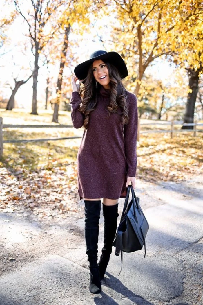 purple jumper dress, and black suede, over-the-knee boots, on a slim brunette woman, wearing a large black felt hat, comfy outfits