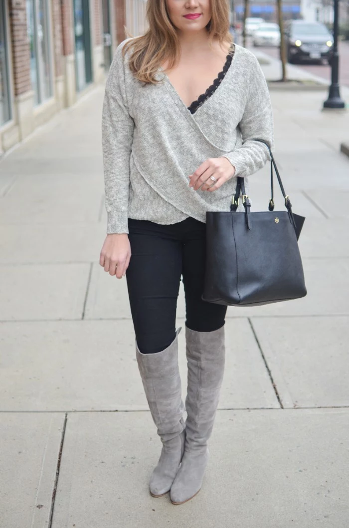 outfits with bralettes, over-the-knee light grey suede boots, worn with black skinny jeans, a black bralette, and a pale grey, wrap-effect jumper