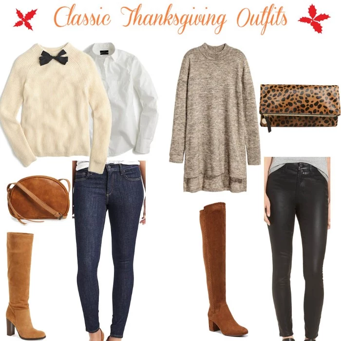 animal print clutch bag, a mink grey melange jumper dress, black leather trousers, and blue skinny jeans, a white shirt and a cream jumper, boots and a brown bag, thanksgiving outfits for women, stylish ideas