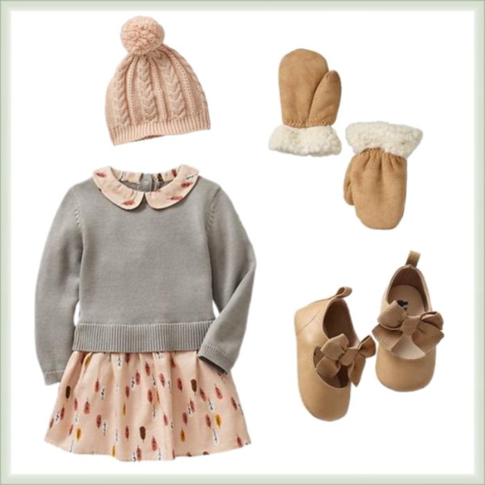 mittens in beige, with white shearling fur trim, a pale pink dress, with turkey feather print, a light grey jumper, baby thanksgiving outfits, beige shoes with bows, and a pale pink winter hat, with a pom pom