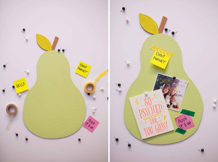 two images showing a pear-shaped bulletin board, made from cork, painted in pale green, once bare and once decorated with a photo, and some post it notes, diys for your room