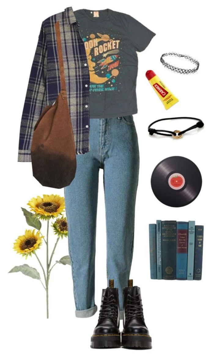 high waisted blue acid wash jeans, dark grey t-shirt, with a colorful print, plaid shirt and a brown suede bag, black combat boots, and various accessories, 90s grunge clothing 