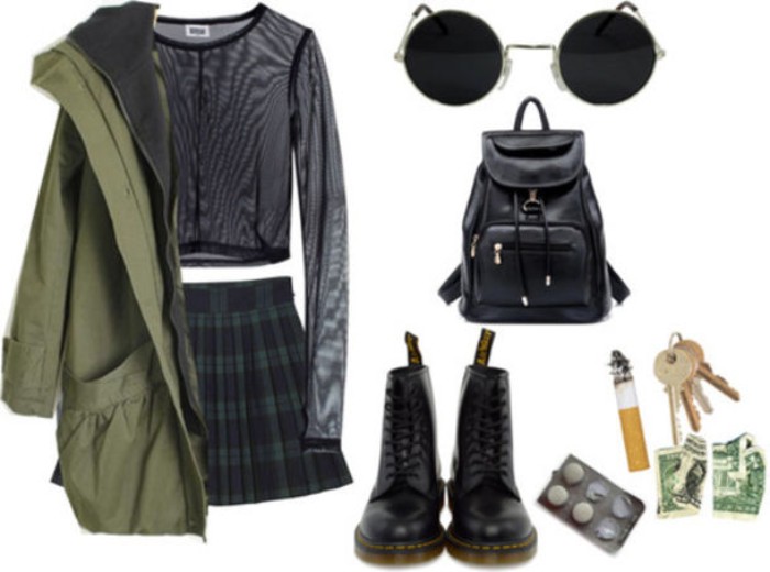 parka in khaki green, pleated mini skirt, in dark green and navy plaid, sheer black mash top, with long sleeves, black leather combat boots, backpack and round sunglasses