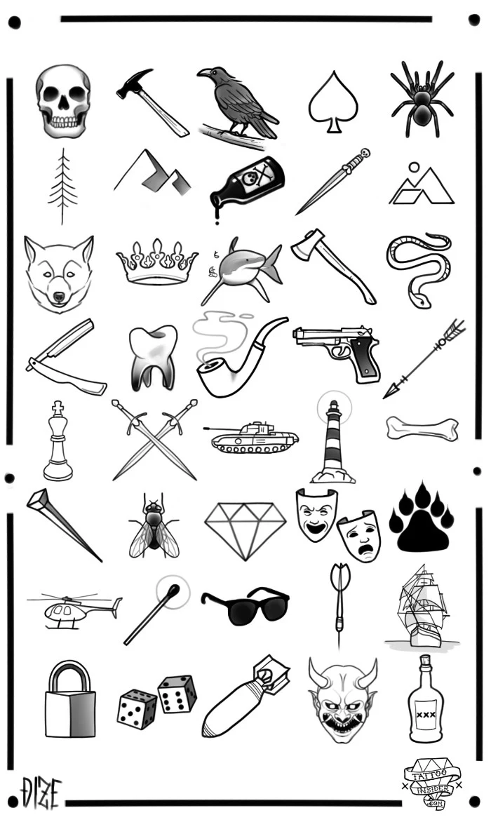 assorted simple and small tattoos for men, drawn in black, on a white template sheet, a skull and a hammer, a crow and a spider, mountains and a wolf, and many more