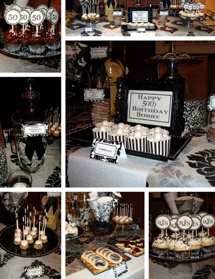 white and black 50th birthday themes, seven images showing bisquits, candies and cupcakes in black and white, decorated with initials and the number 50