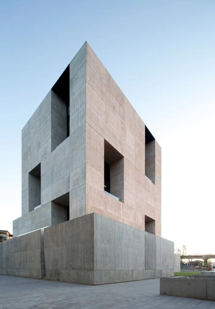 innovation center in santiago chile, concrete architecture with sharp edges, several rectangular windows
