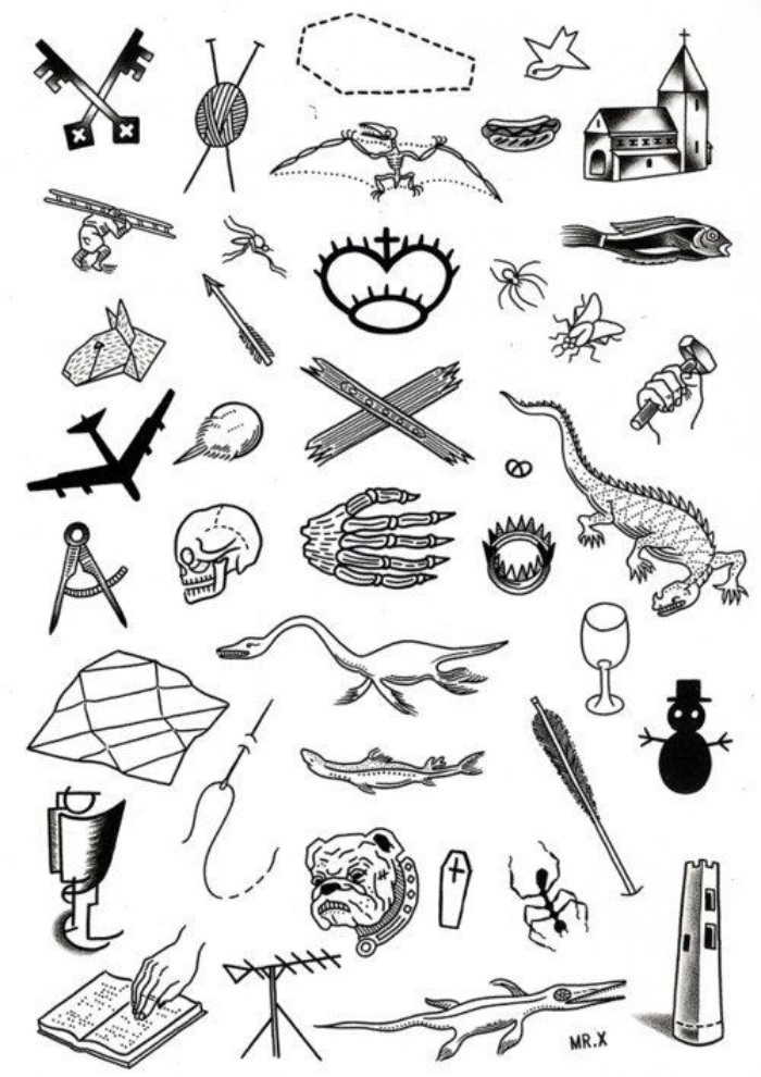 templates for small tattooes, drawn in black, on a white sheet, meaningful tattoo ideas, crossed keys and dinosaurs, dogs and weapons, and many others