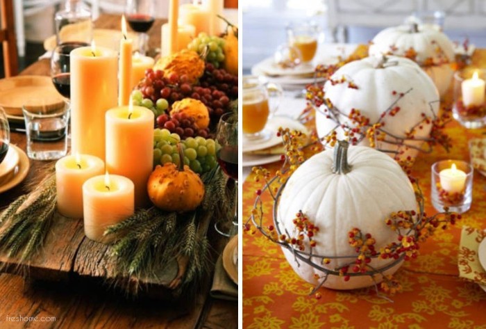 board made of wood, decorated with lit candles, in different shapes and sizes, red and green grapes, gourds and green wheat stalks, next image shows three white pumpkins, decorated with wreaths, made of thin branches, with tiny orange berries