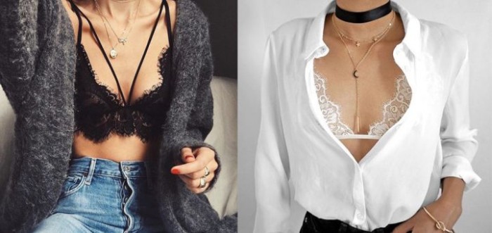 shirt in white, partially unbuttoned to reveal a white lace bralette, what to wear with a bralette, next image shows a black lace bralette, combined with blue jeans, and a soft, dark grey cardigan