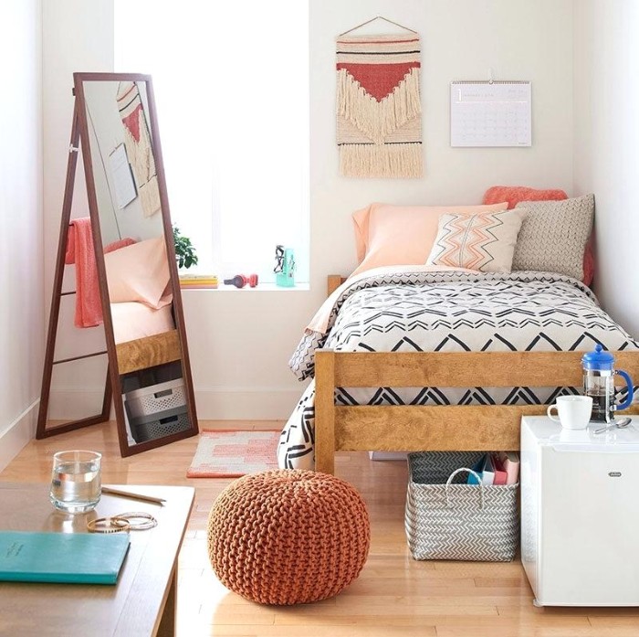 teenage bedroom ideas for small rooms, single bed with wooden frame, in a well lit room, with laminate floor, containing a tall mirror, a desk and a cupboard