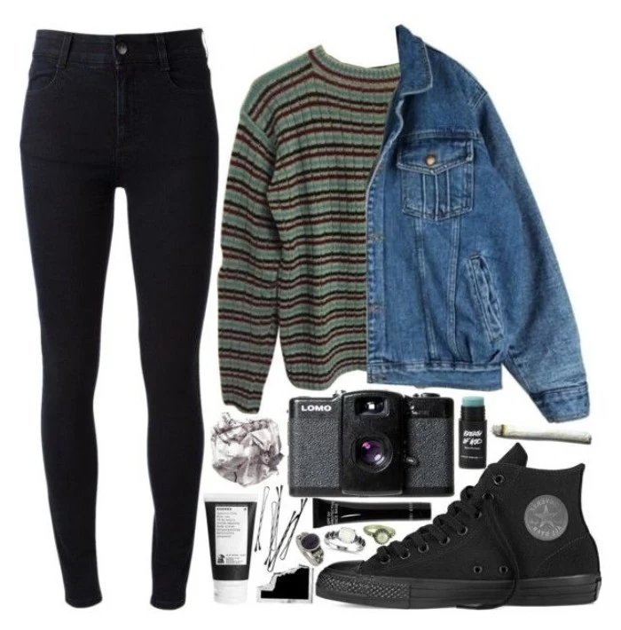 converse sneakers in black, black skinny jeans, striped jumper and an oversized, blue denim jacket, vintage camera and various accessories