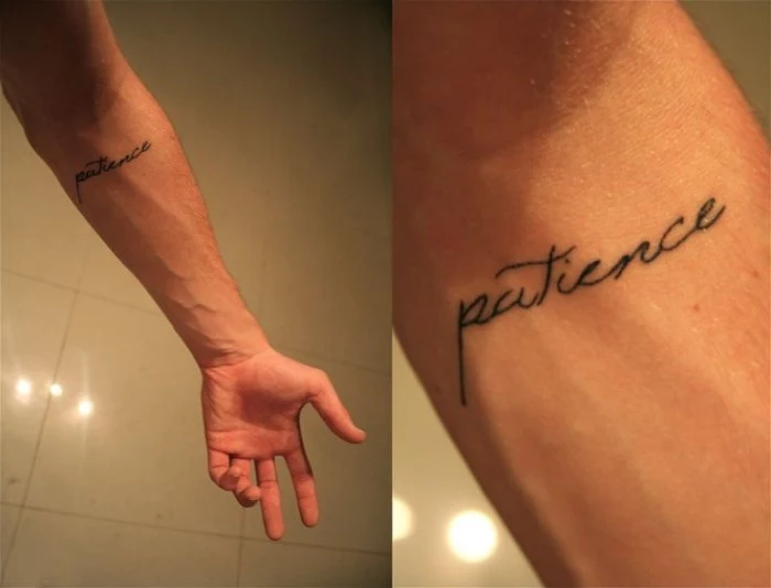 patience written in a black, fancy cursive font, tattooed on the inner part of a man's arm, below his elbow, forearm tattoos to inspire you