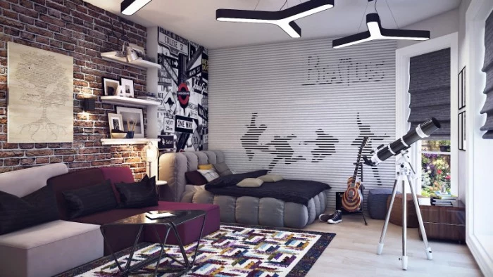 cute teen rooms, beatles wallpaper in grey and black, covering one wall, of a large room, bed and sofa, telescope and electric guitar