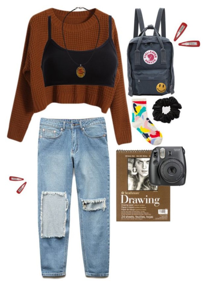 khaki green backpack, brown chunky knit sweater, plain black bralette, and ripped pale blue jeans, 90s grunge clothing, black hair scrunchie, multicolored socks and acceossires