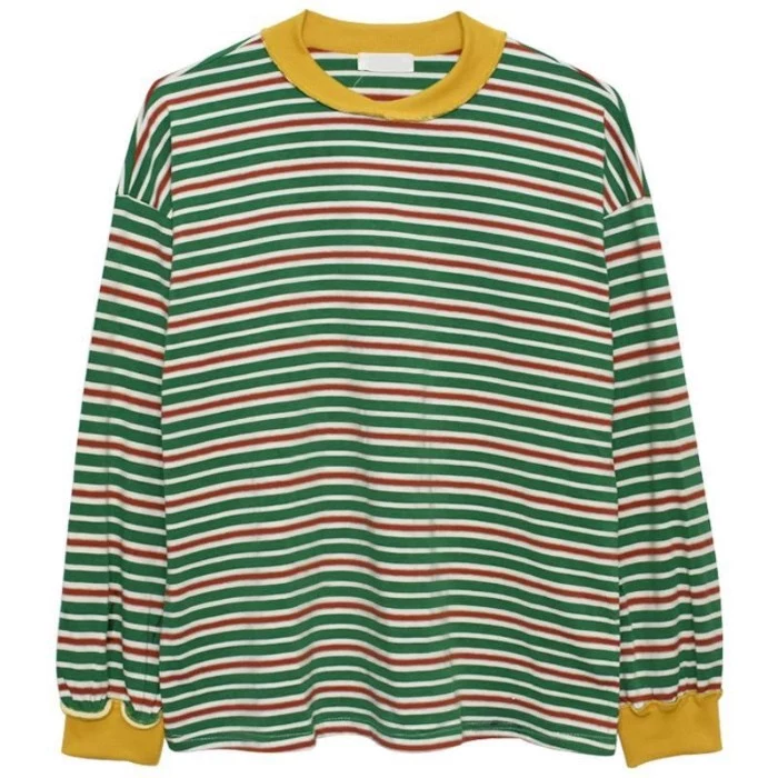 jumper with green, white and red stripes, featuring yellow collar and cuffs, on a white background, 90s grunge clothing, iconic key items