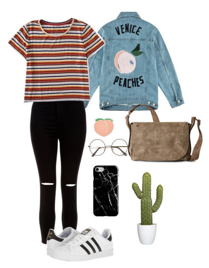 red and white and blue striped t-shirt, ripped black skinny jeans, blue denim jacket, with hand-painted back, beige suede cross-body bag, and a few accessories