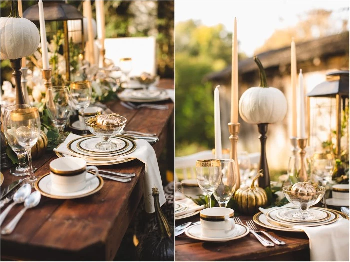 two photos showing a dark brown wooden table, with gold-rimmed plates and cups, and silver cutlery, decorated with tall candles, and white and gold pumpkin ornaments