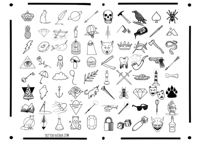 small meaningful tattoos, drawn in black, on a white template sheet, crown and cat, pineapple and lightning, and many others