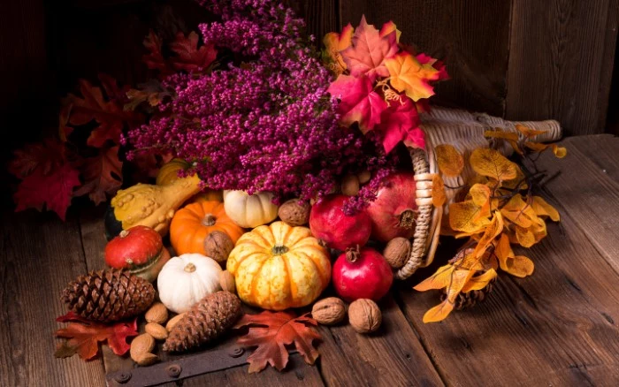 purple flowers and pomegranates, small pumpkins and pine cones, fall leaves and walnuts, spilling out from a rattan decoration, shaped like a horn