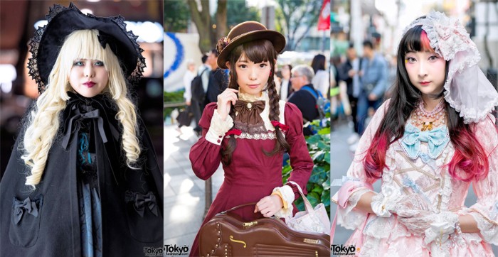 variations of the lolita style, gothic lolita dressed in black, classic lolita in a burgundy dress, with lace trims, and a sweet lolita, in a pastel pink and blue gown, with a sheer white veil