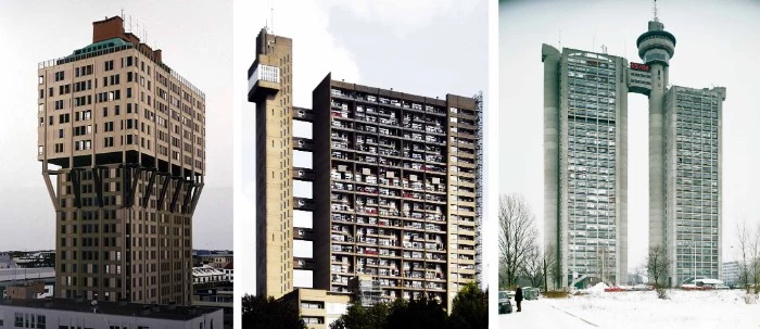 residential buildings in brutalist style, three examples from europe, multi-storey tower-like structures, with many windows