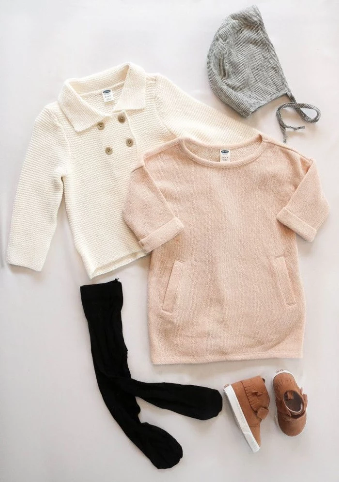 combination for girls thanksgiving outfit, pale pink jumper dress, light cream cardigan, black opaque tights, brown shoes and a light grey hat