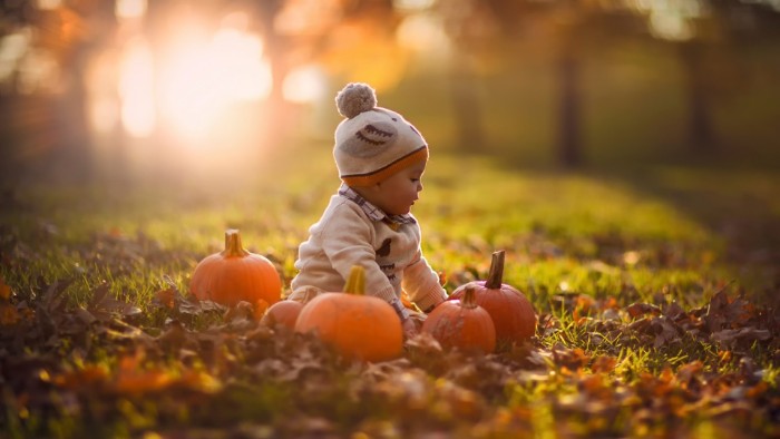 baby sitting on a lwan, surrounded by several orange pumpkins, and dry fall leaves, happy thanksgiving wishes