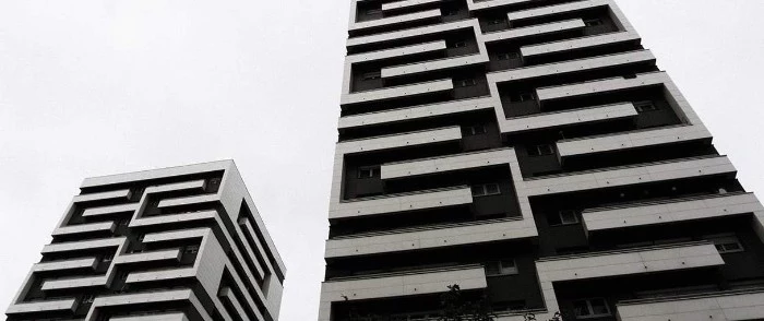 identical buildings with maze-like decorative elements, brutalist design, seen side by side on a black and white photo