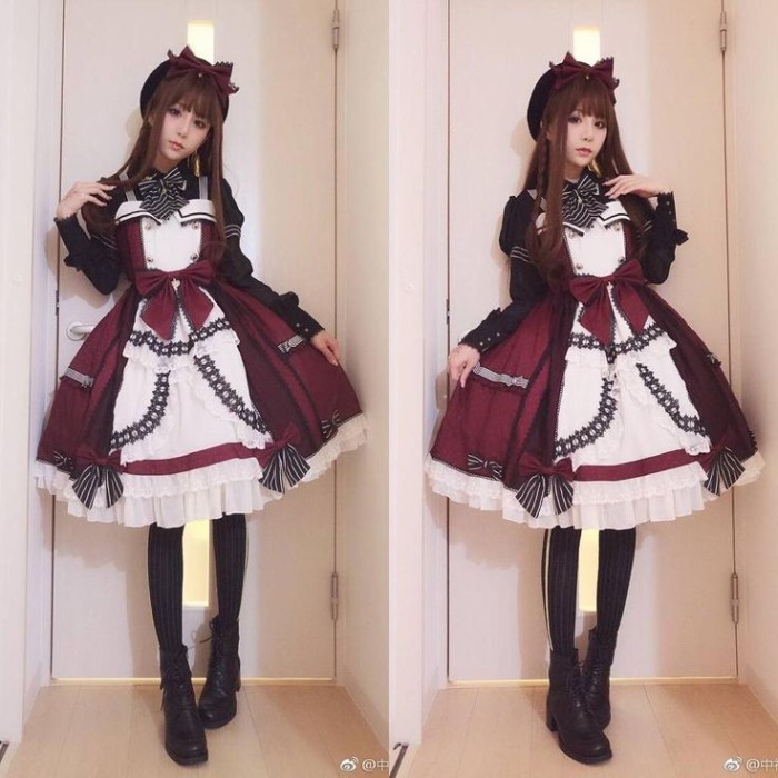 purple and white lolita style dress, with black details, frills and bows, worn by a slim girl, seen from two angles