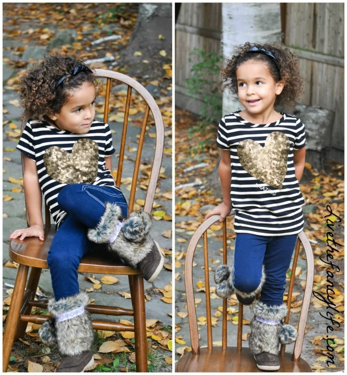 sequin heart in gold, on a striped lond t-shirt, in black and white, worn over ink blue skinny jeans, girls thanksgiving outfit, grey fur boots