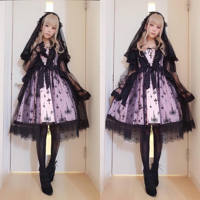 sheer black veil, with lace trim, worn over a pale purple dress, with a black pattern, japanese lolita outfit, with black shoes and opaque tights