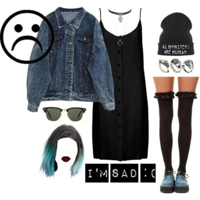beanie hat in black, with a white print, acid wash blue denim jacket, black strappy midi dress, with button down detail, over-the-knee-socks, pale blue loafers, and a few accessories