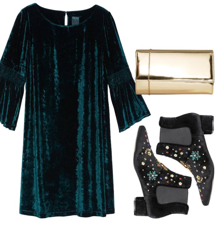patent leather clutch bag in gold, dark green velvet mini dress, with bell sleeves, thanksgiving outfits, black ankle boots, with beaded embroidery