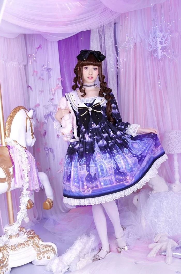 carousel near a young woman, dressed in a violet dress, with lace trims, a sailor-style collar, and a dark blue bow, what is lolita, white opaque tights