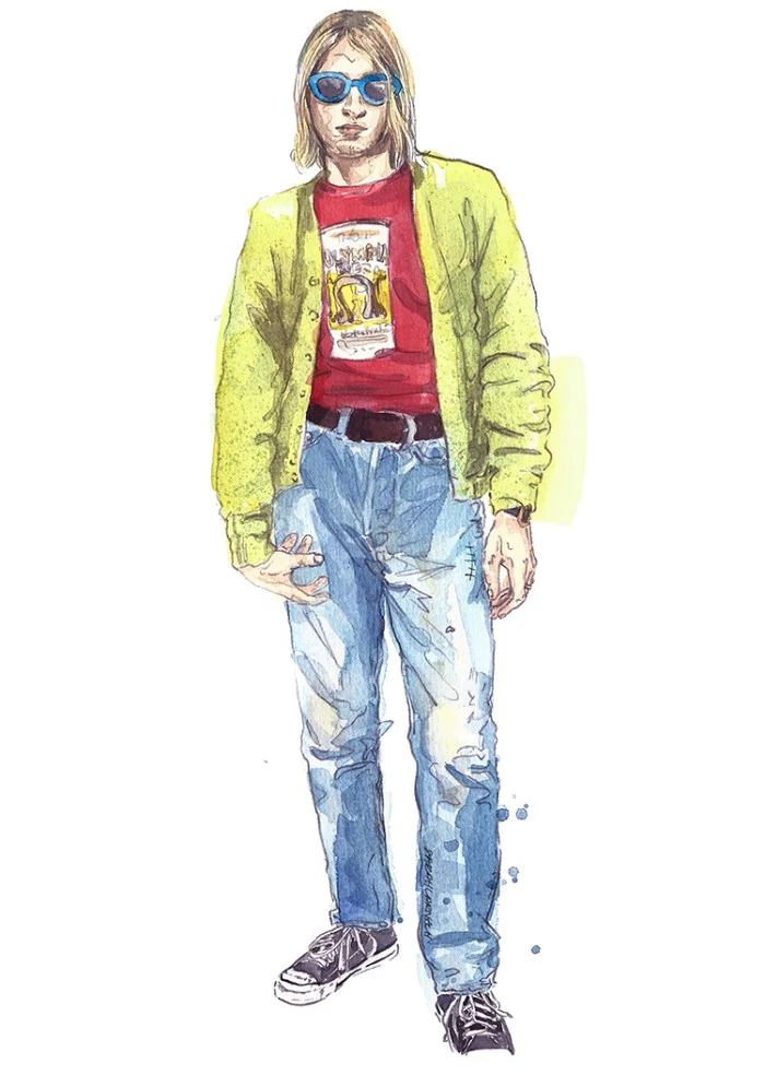 illustration of kurt cobain, made with watercolors, wearing blue jeans, a red t-shirt with a graphic print, a yellow cardigan, classic converse sneakers, and blue-rimmed sumnglasses, 90s bands