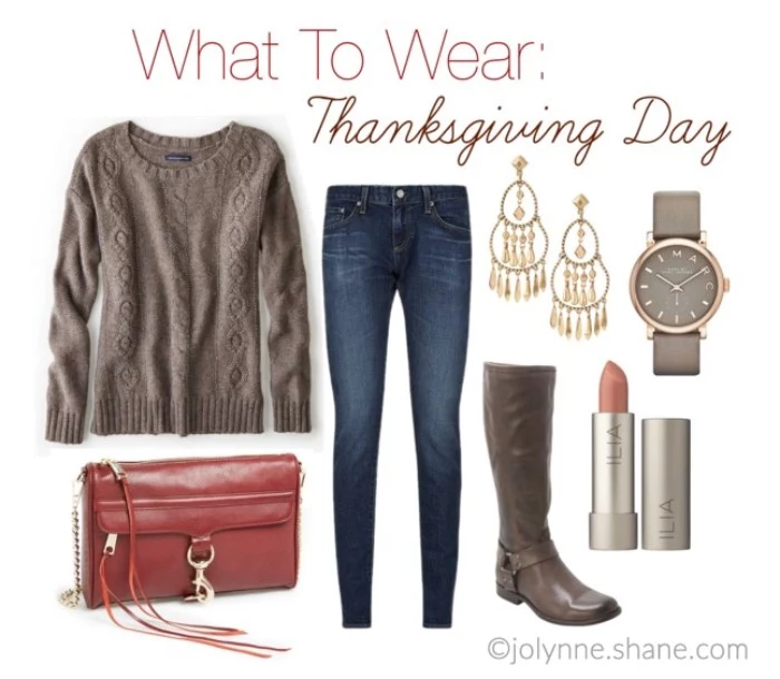 wrist watch and earrings, tall brown leather boots, dark blue skinny jeans, mink brown cable knit sweater, a red clutch bag, and a lipstick, what to wear for thanksgiving day