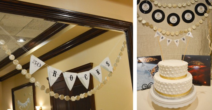 vinyl records and garlands, with the inscription 50 rocks, hanging over a white and gold cake, 50th birthday celebration ideas for husband, rock and roll party