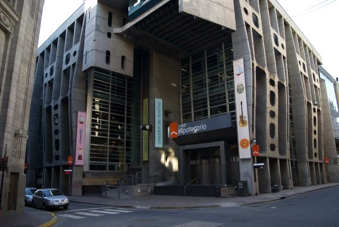 headquarters of the bank of london and south america, in san nicolas buenos aires, concrete structure with oval and rectangular, and round windows