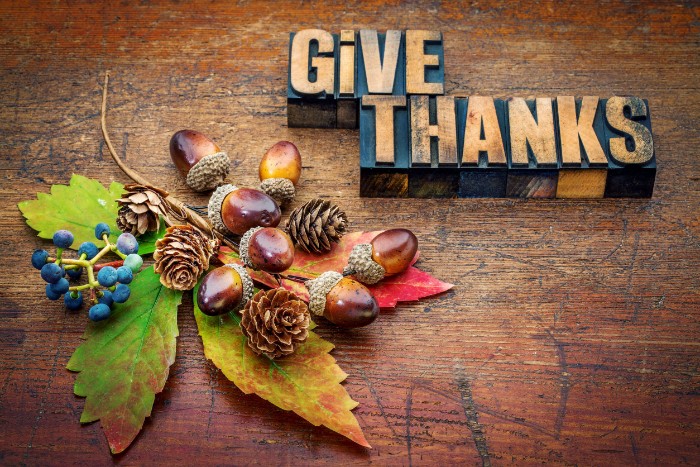 acorns and tiny blue berries, and small pine cones, on a large fall leaf, near two wooden blocks with the words give thanks, thanksgiving greeting message, on a worn wooden surface