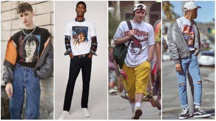 four young men, dressed in grunge, 90s-inspired outfits, baggy stone wash jeans, and a band t-shirt, plaid shirt and skinny jeans, capris and a printed tee, and many others