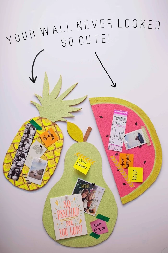 handmade bulletin boards, shaped like different fruit, diys for your room, decorated with post-it notes, photos and tickets
