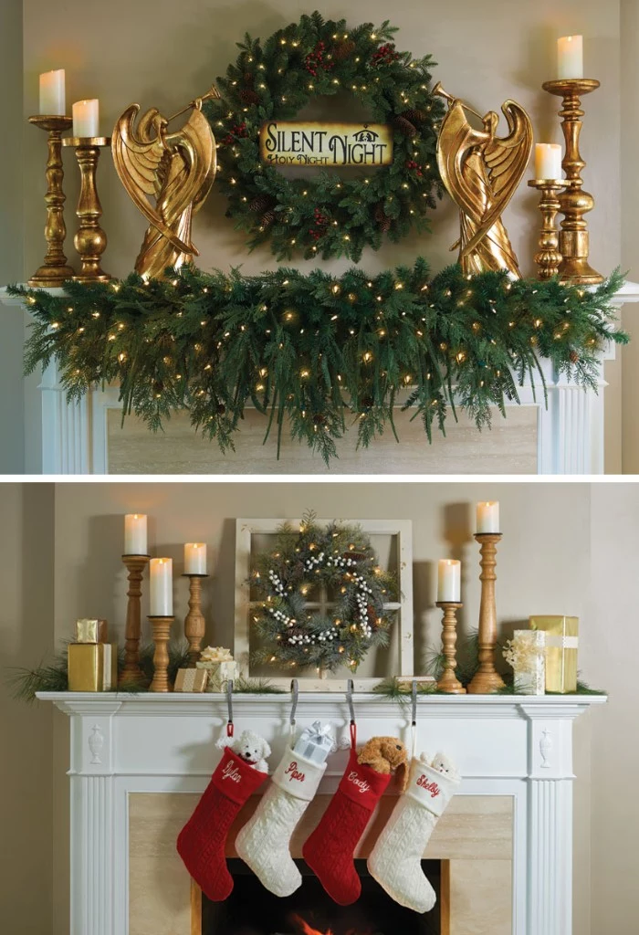 two holiday images, showing different ideas, for decorating your mantelpiece, candlesticks and angel figurines in gold, near a pine wreath, decorated with glowing fairy lights, stockings in red and white, and a small pine wreath