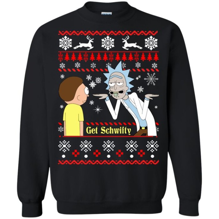 rick and morty from the eponymous animated TV show, printed in full color, on a plain black sweater, with red and white christmas themed patterns
