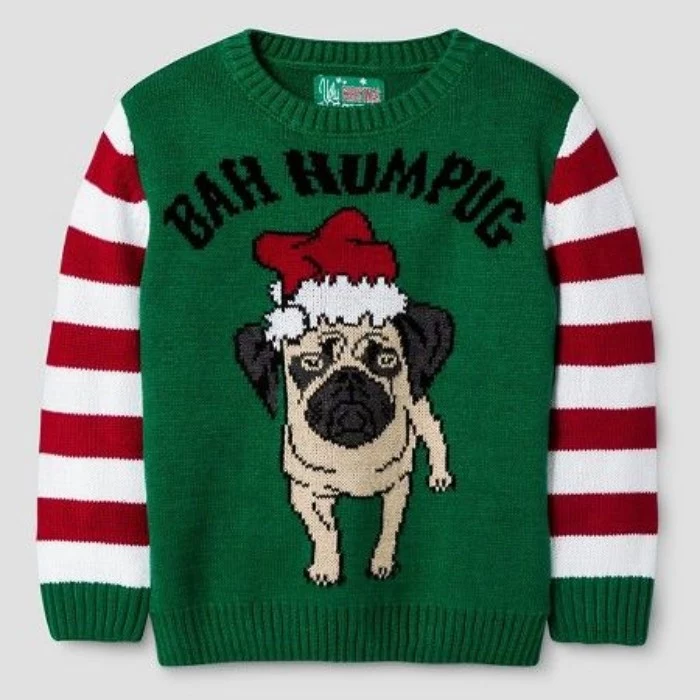 ugly sweater ideas, green jumper with white and red striped sleeves, and an image of a pug in a santa's hat, with the words bah humpug in black