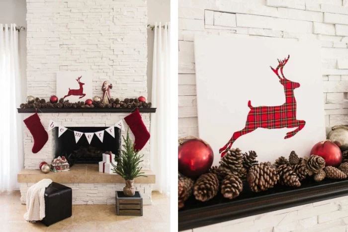 artwork of a running deer, with a red plaid pattern, on a white canvas, decorating a christmas fireplace, pine cones and red baubles, a banner and two stockings
